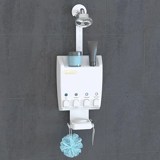Better Living Ulti-Mate Shower Dispenser Caddy 4, Wall Mount Shower Soap Dispenser for Bathroom, Shelf, Built-in Hooks & Soap Dish, No Drill, Shampoo and Soap Dispenser, 4 x 14.5 oz, White