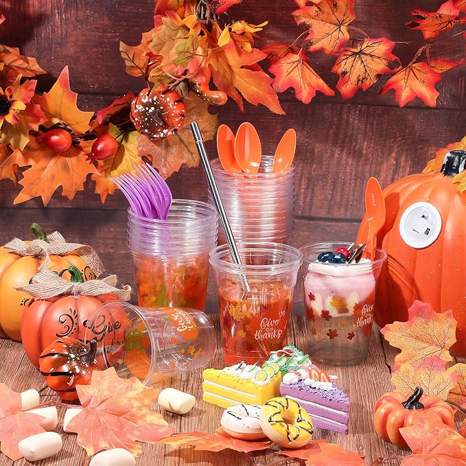 Meanplan 100 Pcs Thanksgiving Plastic Cups Bulk 12oz Fall Disposable Cups Autumn Pumpkin Leaf Turkey Clear Drinkware Tumblers Coffee Juice Wine Glasses Harvest Wedding Party Supplies(Maple)