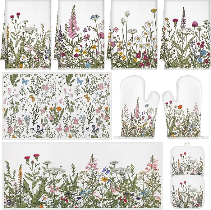 Fanfanwin 10 Pcs Wildflower Kitchen Decor Set Floral Kitchen Towels and Rugs Pot Holders Oven Mitts Spring Dishcloths Fast Drying Decorative Set for Baking Cooking Gift