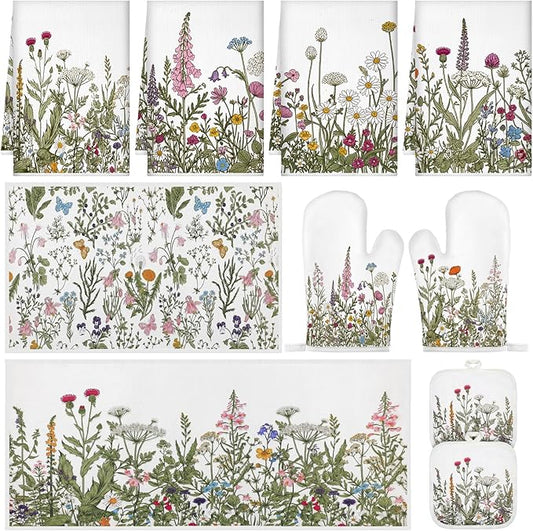 Fanfanwin 10 Pcs Wildflower Kitchen Decor Set Floral Kitchen Towels and Rugs Pot Holders Oven Mitts Spring Dishcloths Fast Drying Decorative Set for Baking Cooking Gift