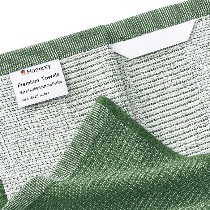 Homaxy Premium Kitchen Towels(18”x 28”, 3 Pack), Large Cotton Kitchen Hand Towels, Flat and Terry Dish Towels, 380 GSM Highly Absorbent Tea Towel Set with Hanging Loop, Grass Green