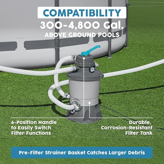 Bestway 950 Gallon Sand Filter Pool Pump for 300 to 4,800 Gallon Above Ground Outdoor Swimming Pools with Pre-Filter Strainer for Clean Water