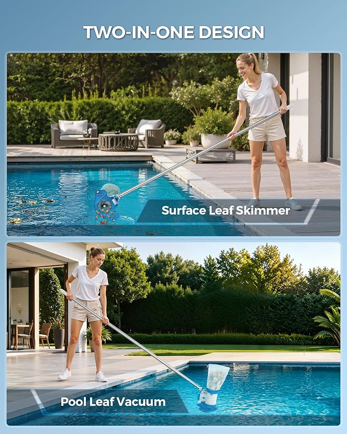 WAVIO Rechargeable Pool Leaf Vacuum Cleaner with Telescopic Pole, Runs Max 70-Mins, Cordless Pool Skimmer with Heavy Duty Mesh Bag, 48GPM Powerful Suction for Inground and Above Ground Pools