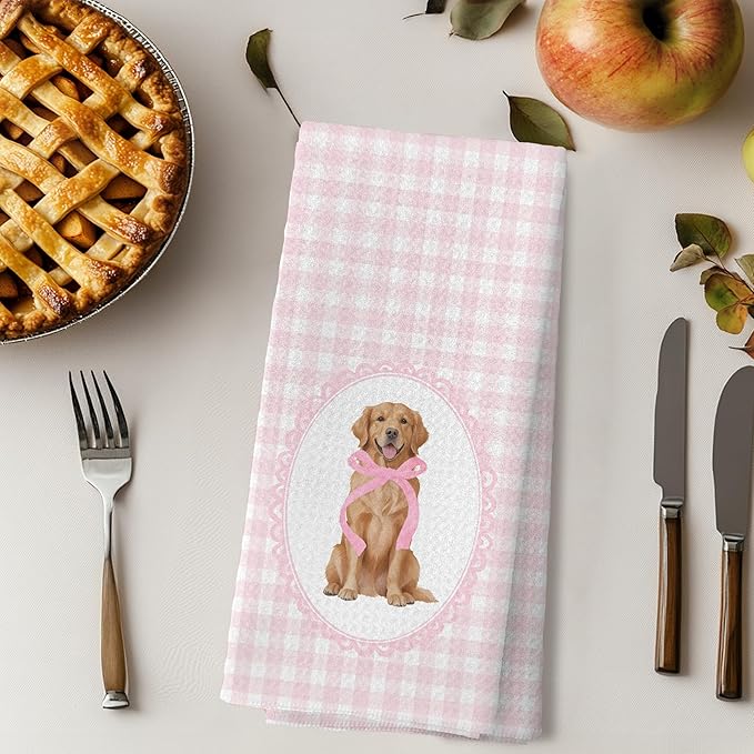 Coquette Pink Bow Golden Retriever Gifts Kitchen Hand Towels for Bathroom，Coquette Pink Golden Retriever Girly Bathroom Kitchen Decor,16x24 Inch