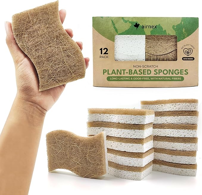 AIRNEX Natural Kitchen Cleaning Bundle - 12 Compostable Cellulose & Coconut Sponges & 10 Cellulose Swedish Dishcloths - Non-Scratch Dish Sponges & Reusable Absorbent Cleaning Cloths