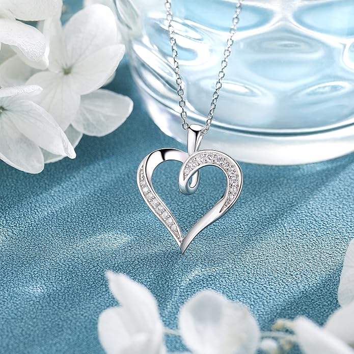 Billie Bijoux Silver Love Heart Necklace 925 Sterling Silver Platinum Plated Round CZ Woman's Jewelry Gifts for Women