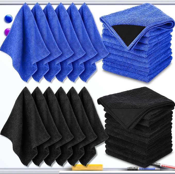 Tudomro 30 Pcs Magnetic Microfiber Cleaning Cloth Dry Erasers Bulk for Most Whiteboards Dry Erase Cloth Cleaner Reusable, Home, Office, 10'' x 10''(Black, Blue)