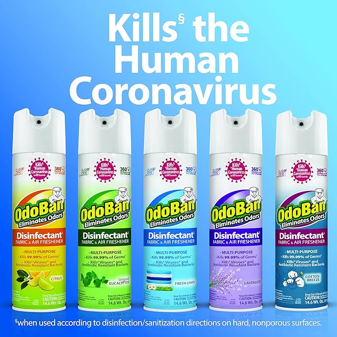 OdoBan Ready-to-Use 360-Degree Continuous Spray Disinfectant and Harsh Aroma Eliminator, Fabric and Air Freshener, 3 Pack, 14.6 Ounces Each, Fresh Linen Scent