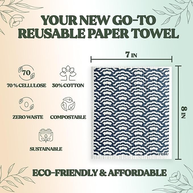 FEBU Swedish Dishcloth Bundle | Set of 3 Packs | Swedish Dishcloths for Kitchen | 5 Pack Reusable Paper Towels Washable