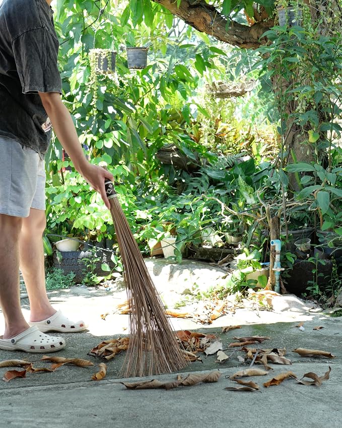 32 inch Multi-Surface Sturdy Outdoor Authentic Coconut Leaf Broom Asian Heavy Duty Broom Thai Natural Coconut Leaf Broom (Country Rustic) 1 Piece (Brown)