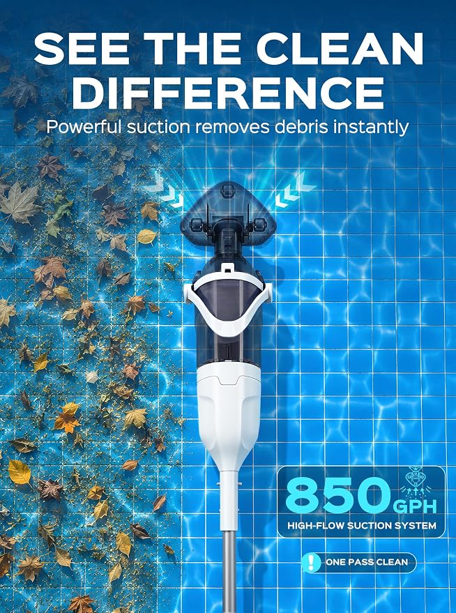 Cordless Handheld Pool Vacuum for Above Ground Pool, Rechargeable Small Pool Vacuum with Telescopic Pole, 60 Min Runtime, 14.1 GPM Suction, for Hot Tub, Spa & Small Pools, White