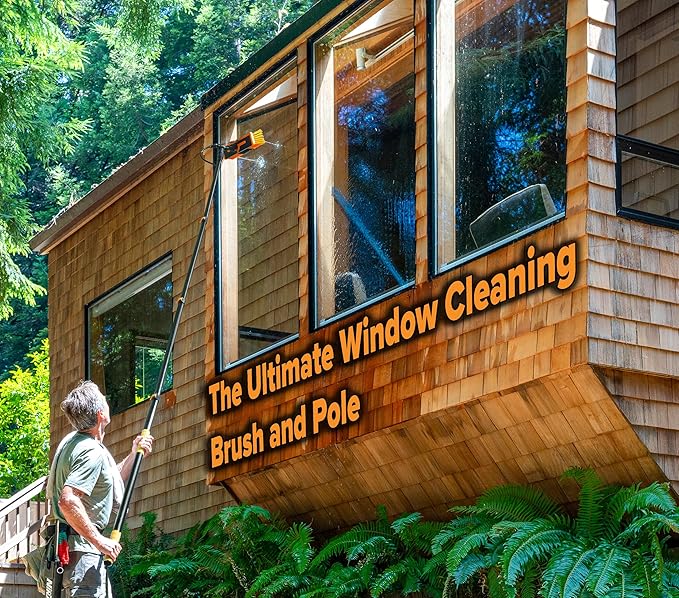 4-12 ft Water Fed Pole Window Cleaning System // Professional Telescopic Solar Panel Cleaning Equipment // Water Fed Brush with Upper Rinse Bar, 10" Squeegee, Water Filter, Soap Dispenser & Water Hose