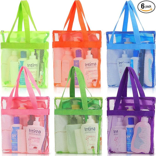 6 Pcs Mesh Shower Caddy Bags Portable Mesh Beach Bags Bulk with Zipper & 2 Pockets Hanging Toiletry and Bath Organizer for Gym Swimming Travel Camping College Dorms Beach (Fluorescent Color)