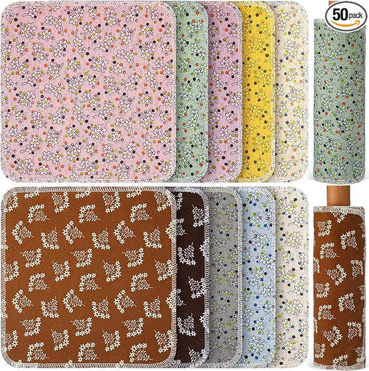 Redbaker 50 Pcs Reusable Paper Towels Paperless Reusable Cotton Cloths Toilet Absorbent Washable Paper Towels with Roll Kitchen Dishcloth for Kitchen Paperless Dishcloths(Okra)