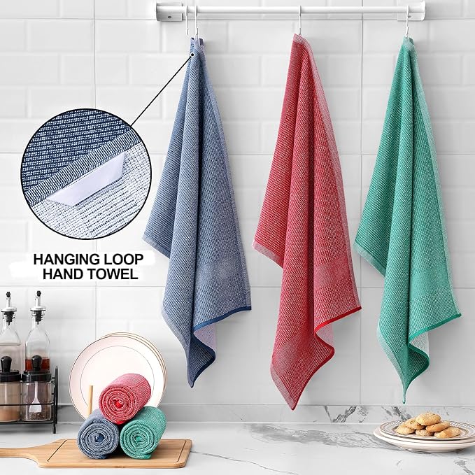 Homaxy Premium Kitchen Towels(18”x 28”, 3 Pack), Large Cotton Kitchen Hand Towels, Flat and Terry Dish Towels, 380 GSM Highly Absorbent Tea Towel Set with Hanging Loop, Navy Blue/Red/Green