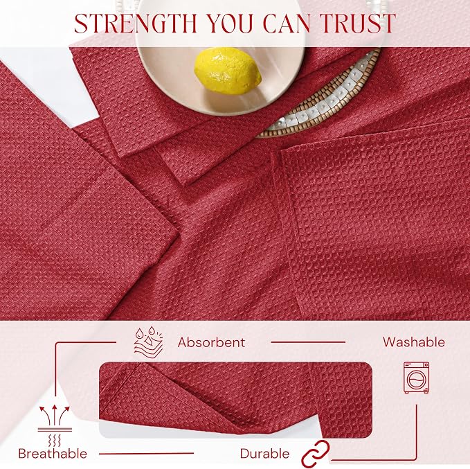 Red Waffle Kitchen Towels, 100% Cotton, Quick Dry, Super Absorbent, Soft, Lint-Free, 16x26 Inches, with Hanging Loop - Ideal for Dish Drying, Bar, Tea, Cleaning & Everyday Use, 4 Pack