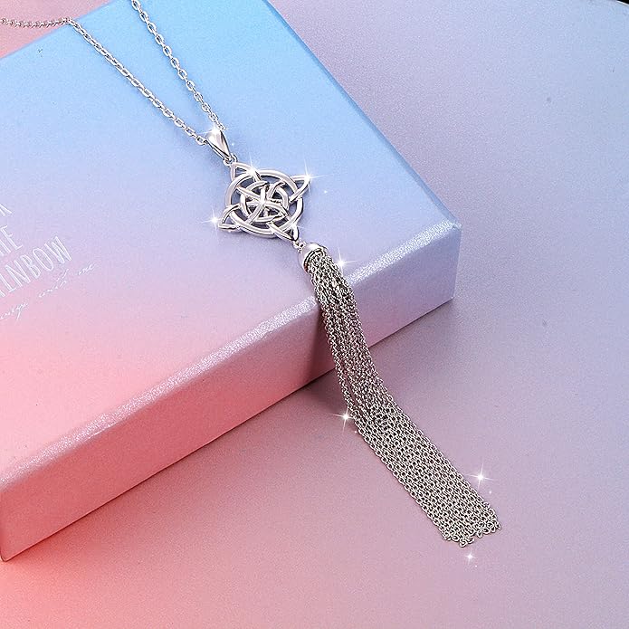 S925 Sterling Silver Long Chain Sweater Necklace for Women Statement Pendant Fringe Necklaces Jewelry Gift