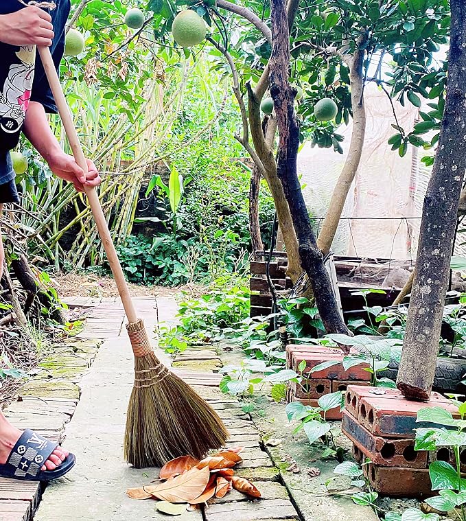 Vietnamese Natural Whisk Broom - Straw Soft Broom - Long Handle Broomstick for Cleaning, Decoration, Wedding with 45.28 inch Length