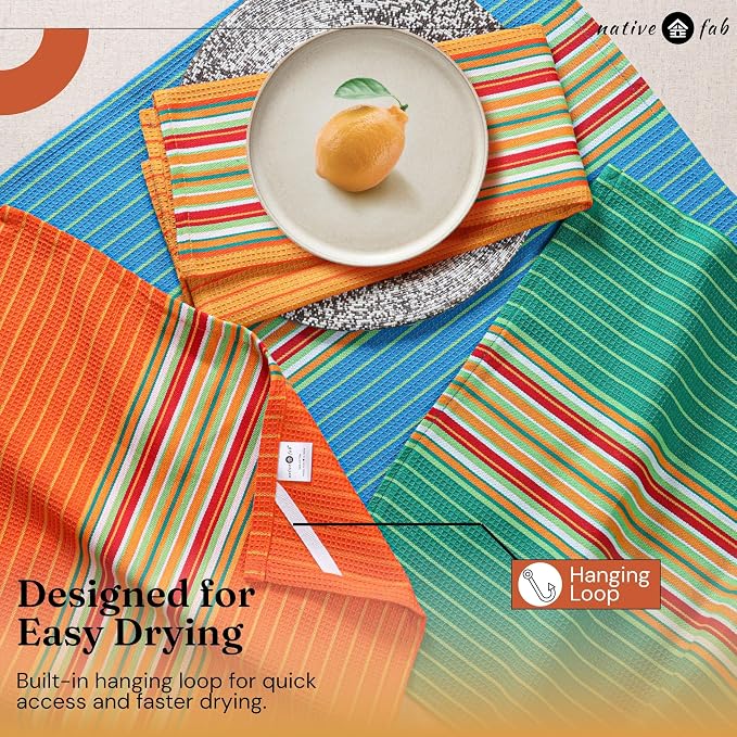 Native Fab Mexican Salsa Stripe Kitchen Towels, 8 Pack, 18x28 Inches, 100% Cotton, Highly Absorbent, Soft, Dish Towel for Drying Dishes, Everyday Kitchen Use, Reusable, Washable, Mustard Yellow