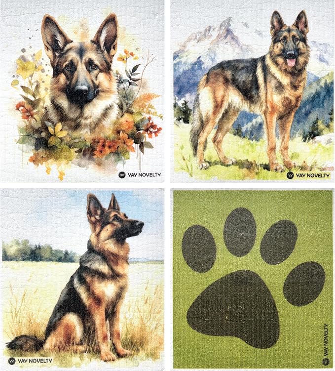 Swedish Dishcloths - 12 Pack | Made in Germany | Ultra-Absorbent, Reusable Cellulose Sponge Cloths for Kitchen | No-Odor, Eco-Friendly Cleaning Wipes | Water-Based Ink | German Shepherd