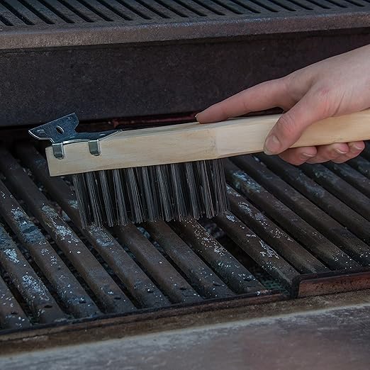Carlisle FoodService Products Stainless Steel Wood Handle Scraper with Carbon Steel Bristles, Grill Brush, Grill Cleaning Brush with Carbon Steel Wire Bristles for Cleaning, 20 Inches, Tan, (12 Pack)