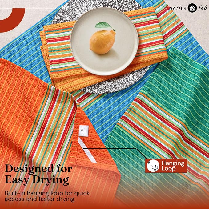 Native Fab Mexican Salsa Stripe Dish Towels, 8 Pack, 18x28, Super Absorbent, 100% Cotton Kitchen Towels for Drying, Reusable and Durable Washable Towels for Everyday Cooking and Cleaning, Orange