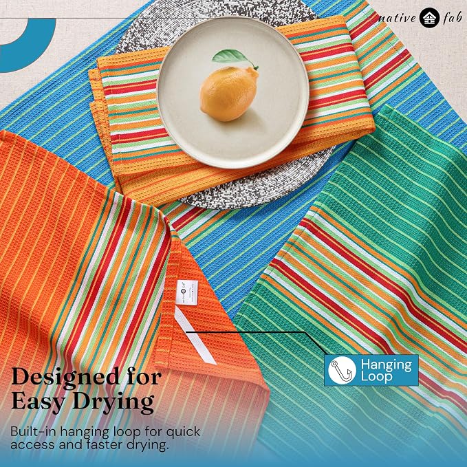 Native Fab Mexican Salsa Stripe Dish Towels, 4 Pack, 18x28, Super Absorbent, 100% Cotton Kitchen Towels for Drying, Reusable, Washable Towels for Everyday Cooking and Cleaning, Turquiose Blue