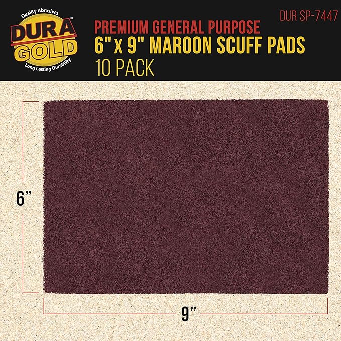 Dura-Gold Premium 6" x 9" Maroon General Purpose Scuff Pads, Box of 10 & 6" x 9" Grey General Purpose Scuff Pads, Box of 10
