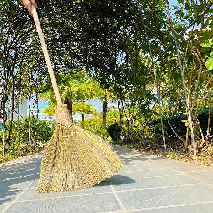 Handmade Whisk Sweeping Broom - Vietnamese Straw Soft Brooms - Large Long Broom with Wooden Handle - Brooms Decorative - 46.46 inch Length