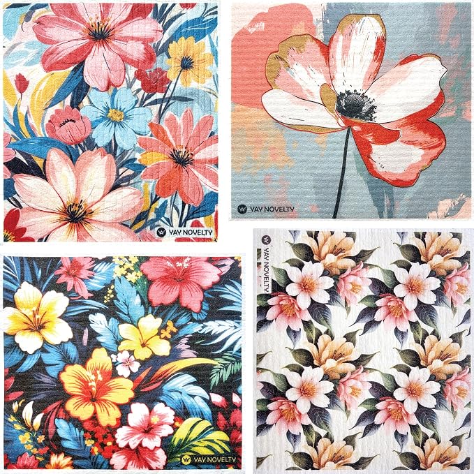 Swedish Dishcloths - 12 Pack | Made in Germany | Ultra-Absorbent, Reusable Cellulose Sponge Cloths for Kitchen | No-Odor, Eco-Friendly Cleaning Wipes | Water-Based Ink | Pop Flora