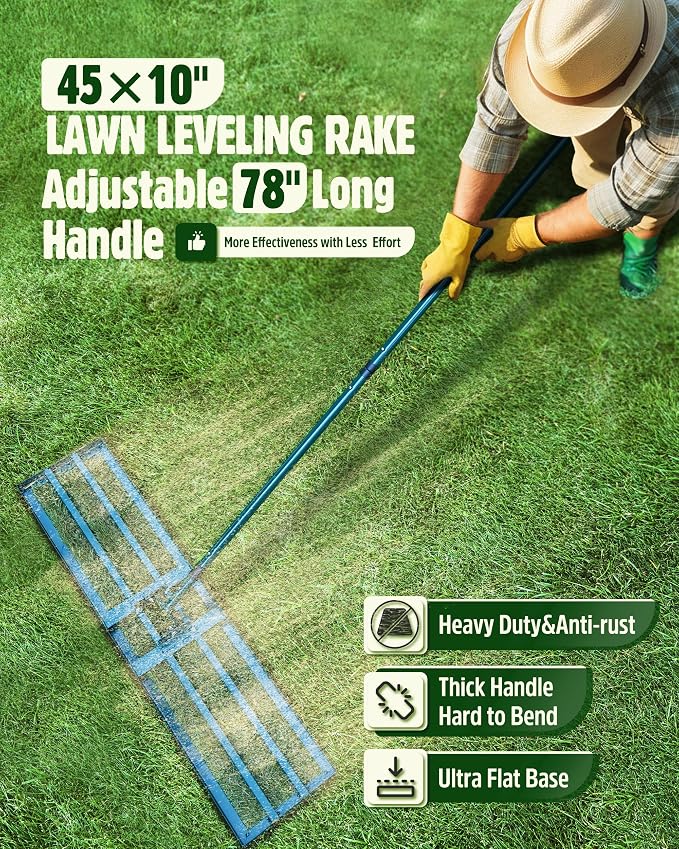 Lawn Leveling Rake,Stainless Steel Lawn Leveler with 45”x10” Ground Plate, 78” Adjustable Long Handle, Heavy Duty Large Level Yard Tool for Grass, Golf Field, Level Soil or Dirt Ground Surfaces-Green