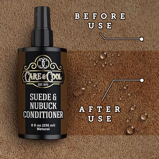Care & Cool Suede and Nubuck Conditioner, Renovator, and Protector (8 Fl Oz). Your Best Choice for Waterproofing and Rejuvenating The Delicate Structure Against The Elements and Abrasive Impurities.