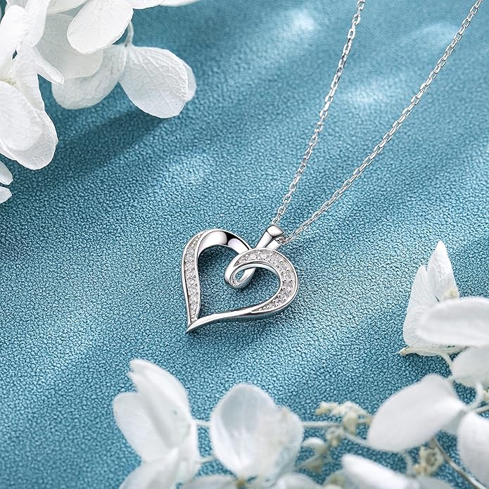 Billie Bijoux Silver Love Heart Necklace 925 Sterling Silver Platinum Plated Round CZ Woman's Jewelry Gifts for Women