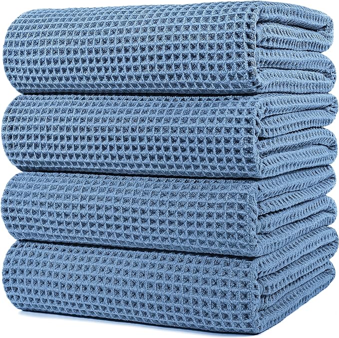 POLYTE 430 GSM Microfiber Oversize Quick Dry Lint Free Bath Towel, 60 x 30 in, 4 Pack (Waffle Weave)