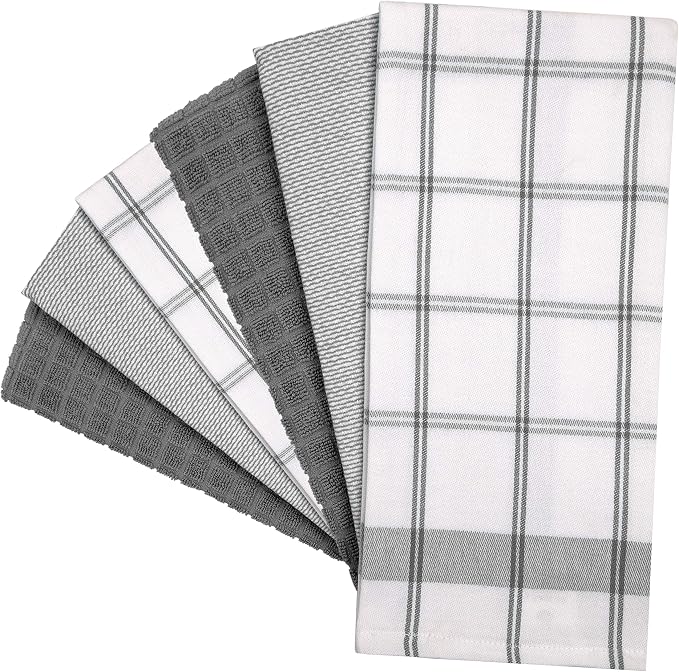Premium Kitchen Towels (20”x 28”, 6 Pack) | Large Cotton Dish Towels | Flat & Terry Highly Absorbent Kitchen Linen Set with Hanging Loop | Grey Check
