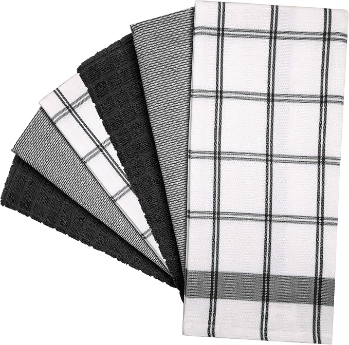 Premium Kitchen Towels (20”x 28”, 6 Pack) | Large Cotton Dish Towels | Flat & Terry Highly Absorbent Kitchen Linen Set with Hanging Loop | Black Check