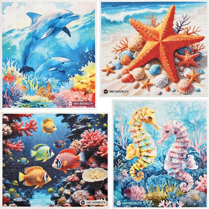Swedish Dishcloths - 12 Pack | Made in Germany | Ultra-Absorbent, Reusable Cellulose Sponge Cloths for Kitchen | No-Odor, Eco-Friendly Cleaning Wipes | Water-Based Ink | Sea Creatures