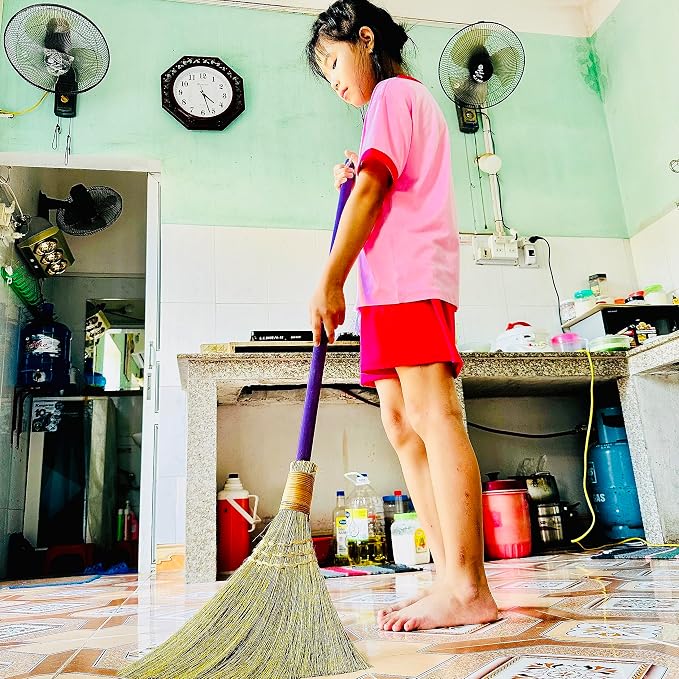 Vietnamese Straw Soft Broom - Sweeping Broom with Purple Wooden Handle for Cleaning, Decoration, Wedding with 45.28inch Length