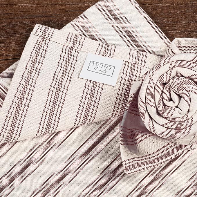 Twiny Threads Set of 4 Farmhouse Stripe Kitchen Towels (18x26 Inches) Premium Tea Towel with Hanging Loop, Highly Absorbent 100% Cotton Bulk Kitchen Hand Cloth for Drying Cleaning - Burgundy Wine