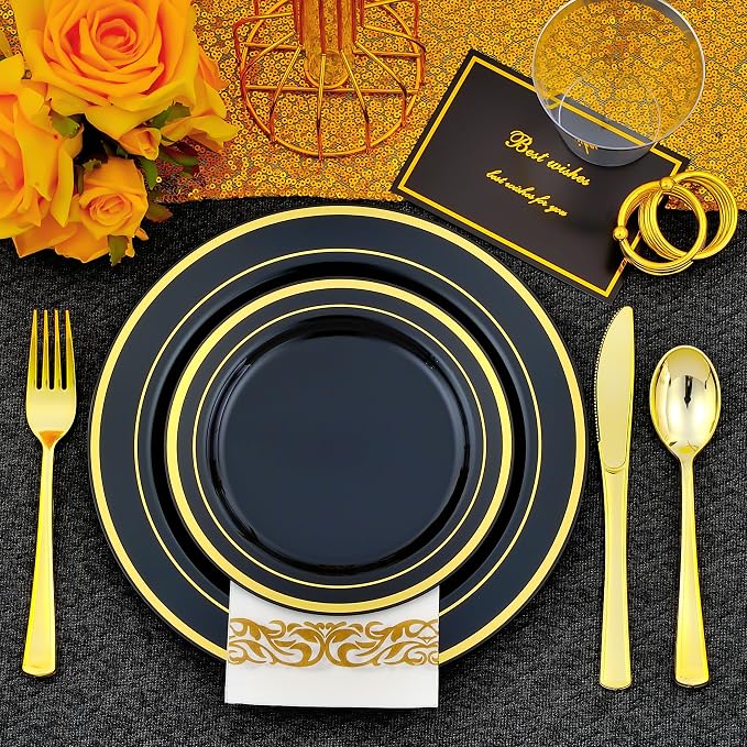 350pcs Black and Gold Dinnerware Set for 50 Guests, Black Plastic Plates with Gold Rim for Party -50 Dinne/Dessert Plates, 150 Silverware Set,50 Napkins and Cups