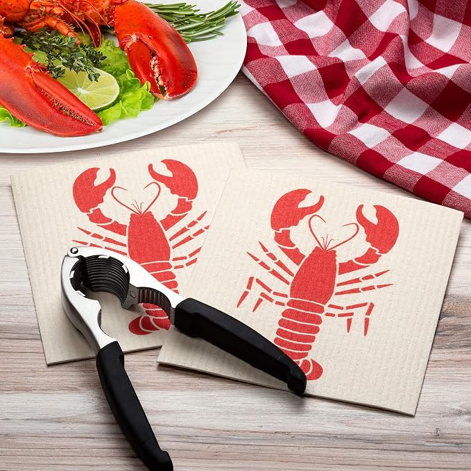 Swedish Dishcloths 2-Pack, Super Absorbent Reusable Cellulose Sponge Cloths, Eco-Friendly Kitchen Cleaning Towels, Machine Washable, with Red Lobster Print, 7.87x6.88 inch