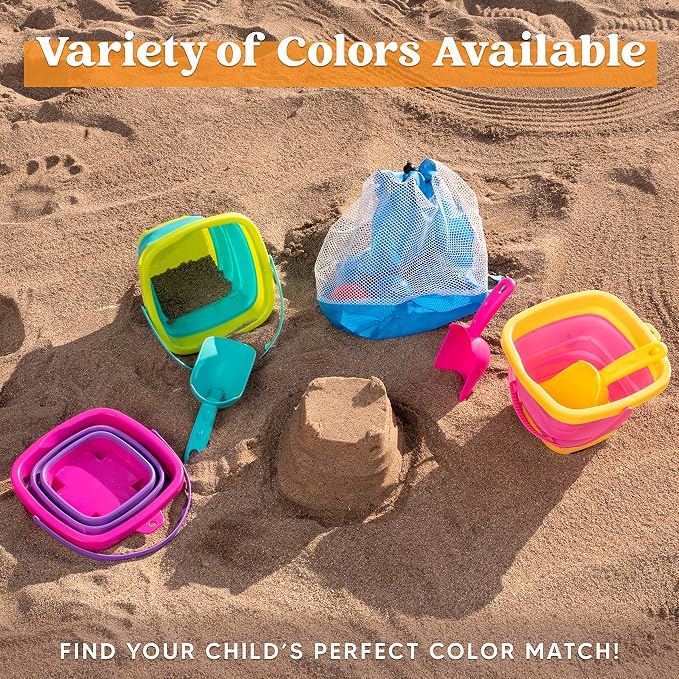 Sloosh 3 Packs Foldable Bucket - Collapsible Bucket with Sand Shovels and Mesh Backpack for Kids Toddlers Beach Toys, Easter Egg Hunt, Camping, Travelling and Fishing Water Pail (Pink/Purple/Green)