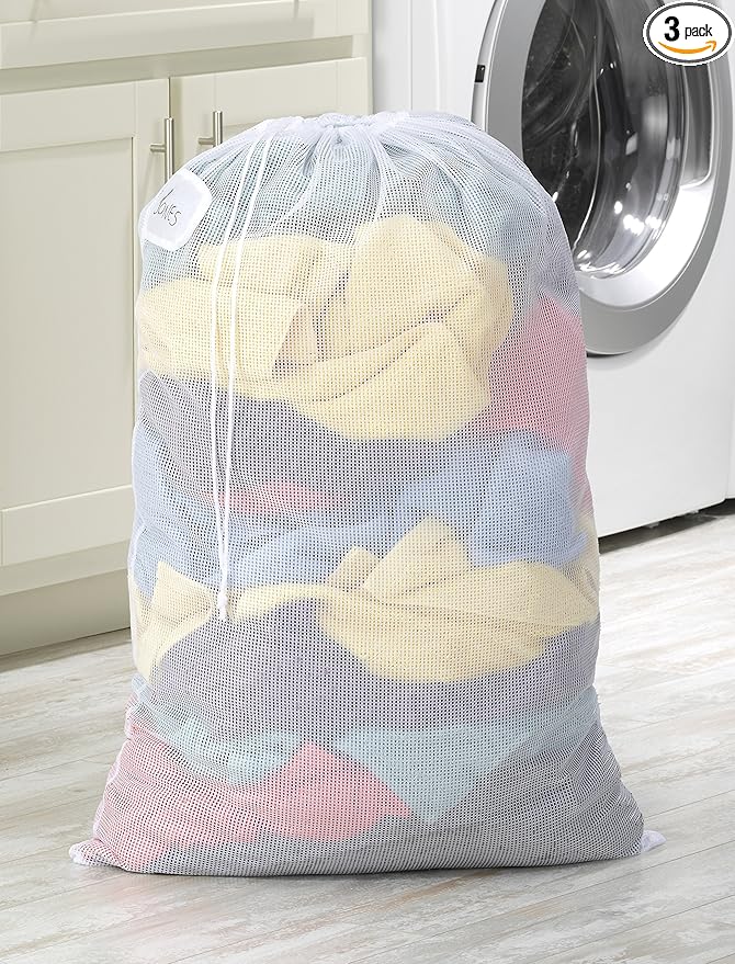 Whitmor Mesh Laundry Bag with ID Tag - Set of 3 - White