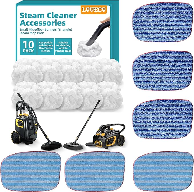 LOVECO Steam Cleaner Pads Compatible with Steam Cleaner McCulloch MC1385 & MC1375 (10x Triangle Microfiber Bonnets + 6X Replacement Microfiber Mop Pad + 1x Mesh Laundry Bag）