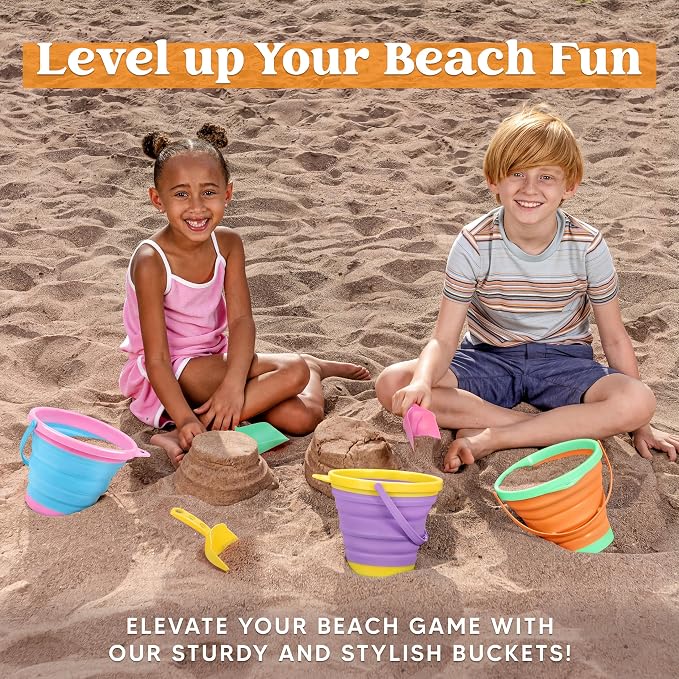 JOYIN 3 Packs Foldable Pail Bucket with Shovels & Mesh Bag, Collapsible Buckets Multi Purpose for Beach, Camping Gear, Beach Party, Fishing, and Fun Summer Activities (Orange/Blue/Purple)