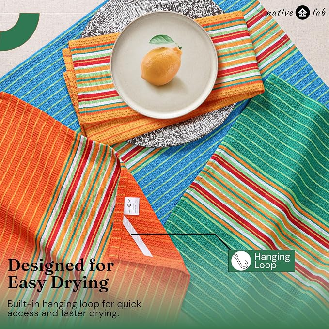 Native Fab Mexican Salsa Stripe Kitchen Towels, 8 Pack, 18x28 Inches, 100% Cotton, Soft, Super Absorbent Dish Towels for Drying Dishes, Everyday Kitchen Use, Reusable, Washable, Green