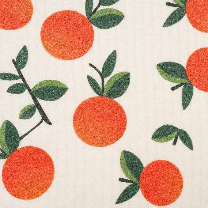 Swedish Dishcloths 3-Pack, Super Absorbent Reusable Cellulose Sponge Cloths, Eco-Friendly Kitchen Cleaning Towels, Machine Washable, with Citrus Oranges Print 7.87x6.88 inch