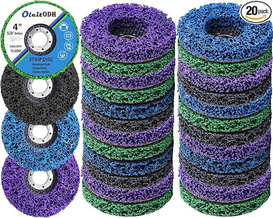 20 Pcs 4" x 5/8" Strip Discs Bulk, Paint Stripping and Rust Removal Wheels for Angle Grinders, Abrasive Grinding Discs for Metal, Wood, and Fiberglass, Blue+ Purple+ Green+ Black