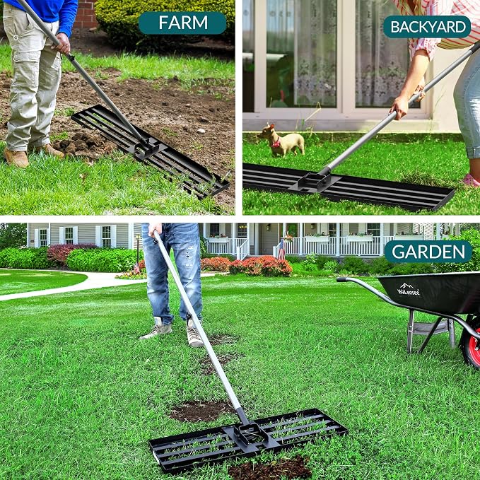 Walensee Lawn Leveling Rake, 30"x10" Heavy Duty Lawn Leveler Tool with 7FT Steel Handle, Levelawn Landscape Rake for Topdressing, Soil, Sand, Dirt, Backyard, Garden, Golf Course