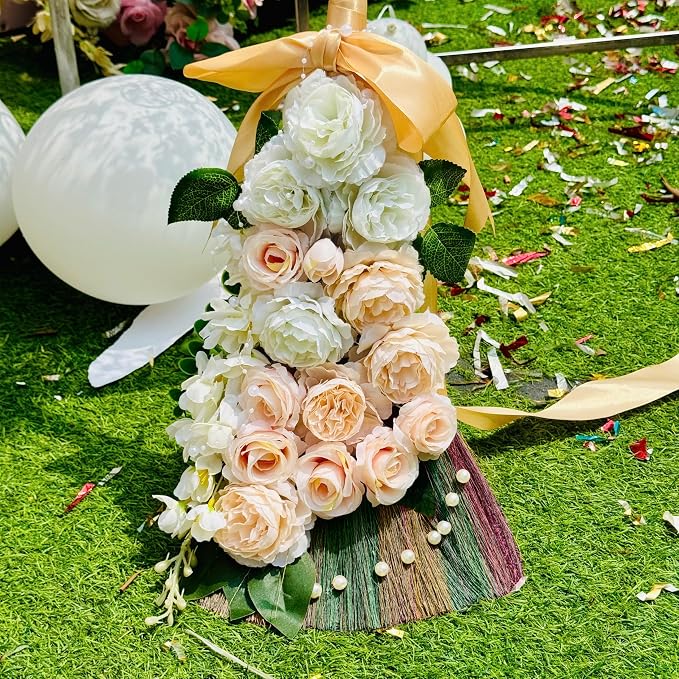 Wedding Brooms Bride Bridegroom, Jumping The Broom for Wedding, Natural Whisk Broom with Ribbons, Artificial Pearl, Leaves,Roses for Decorative Wedding